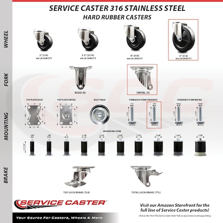 Service Caster 5 Inch 316SS Hard Rubber Swivel 3/8 Inch Threaded Stem Caster Lock Brake, 2PK SCC-SS316TSTTL20S514-HRS-381615-2-S2